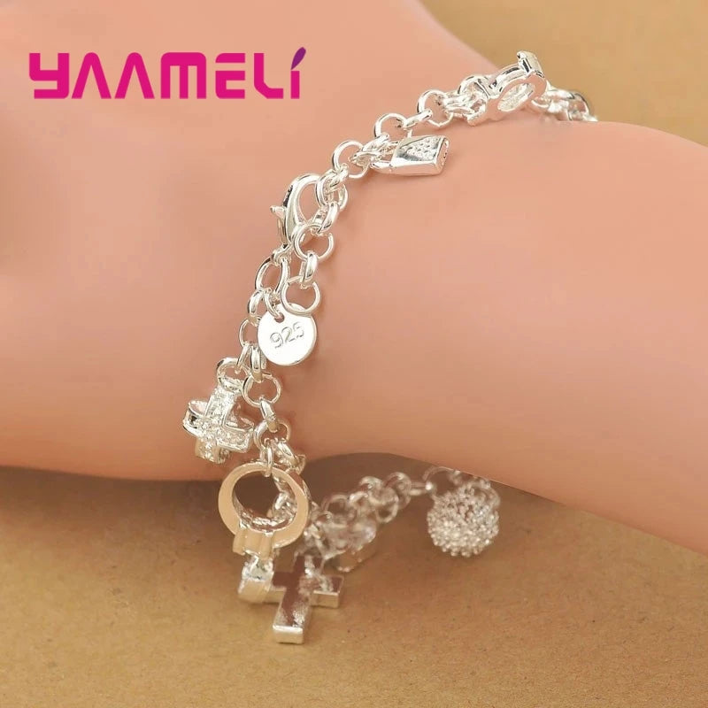 Top Quality 925 Sterling Silver Color Bracelet Nice Cross Moon Heart Clock Ball Cube Star Charms Jewelry for Women Girls