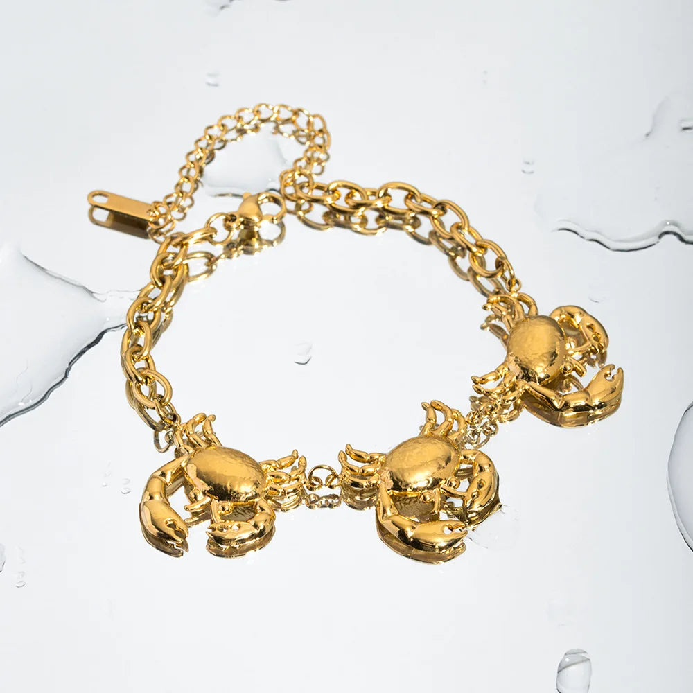 Luxury Summer Theme 18K Plated Stainless Steel Gold Chain Dolphins Turtles Stars Shells Crabs Charm Bracelets Jewelry for Women