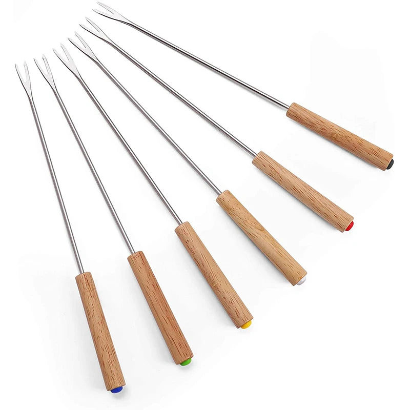 6Pc Stainless Steel Fondue Forks Wood Handle Chocolate Fork Heat Resistant Hot Pot Fruit Dessert Fork Fondue Skewer Kitchen Tool