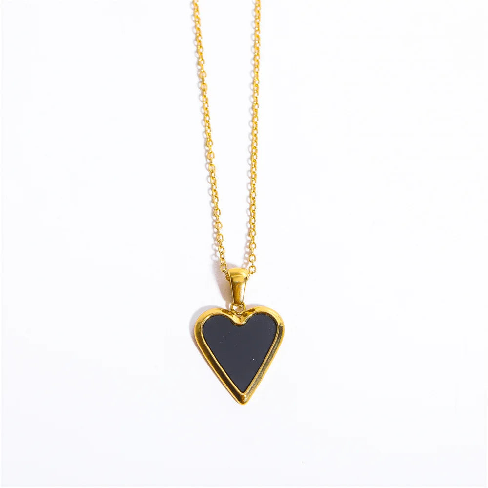 WN02095 Unisex White/Black Shell Malachite Heart Pendant Necklace with Trendy Link Chain for Parties