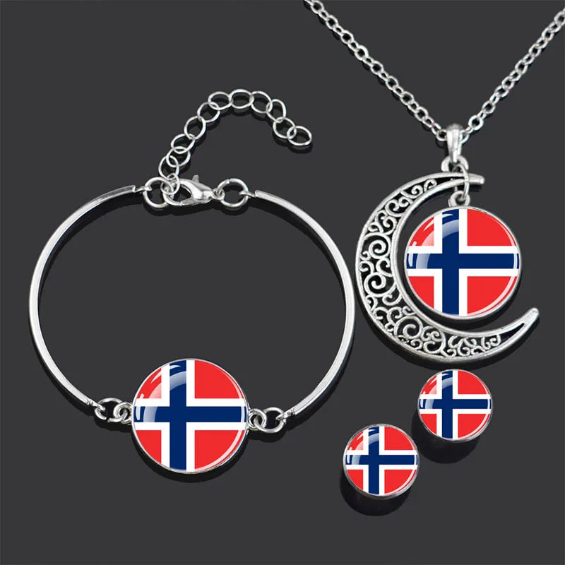 Bracelet Necklace Earrings Jewelry Set Czech Republic Flag Glass Cabochon European Countries Flag Necklace Set for Women Gifts