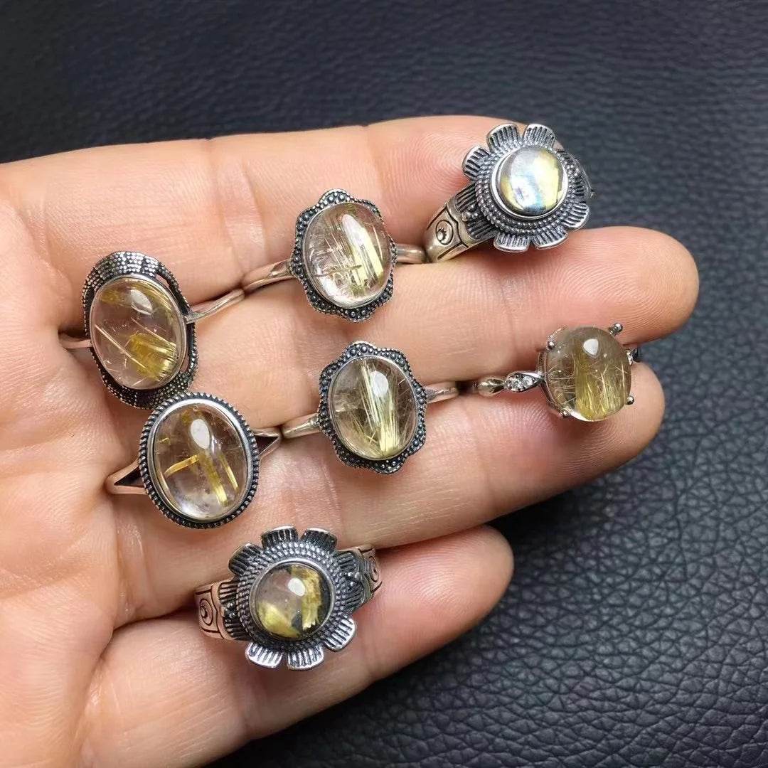 925 Sterling Silver Fashion Healing Crystal Gemstone Jewelry Gold Rutilated Quartz Ring