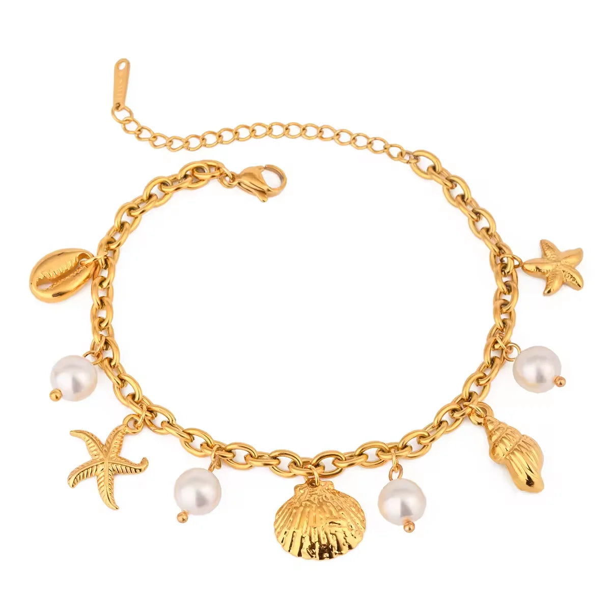 SW3-PAN22 18K Gold PVD Plated Stainless Steel Pearl Shell Starfish Charm Bracelet Bangle Women Waterproof Beach