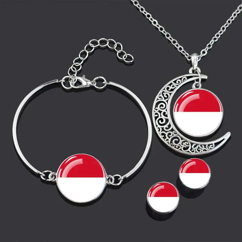 Bracelet Necklace Earrings Jewelry Set Czech Republic Flag Glass Cabochon European Countries Flag Necklace Set for Women Gifts