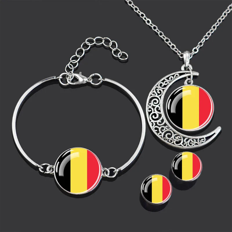 Bracelet Necklace Earrings Jewelry Set Czech Republic Flag Glass Cabochon European Countries Flag Necklace Set for Women Gifts