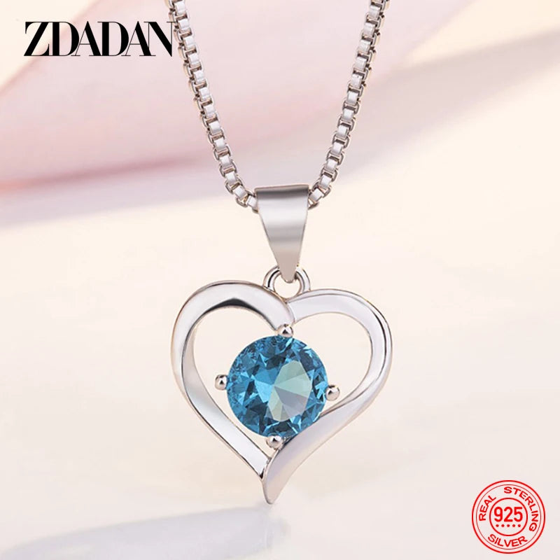 ZDADAN 925 Sterling Silver Heart Blue Crystal Necklace For Women Charm Party Jewelry Accessory