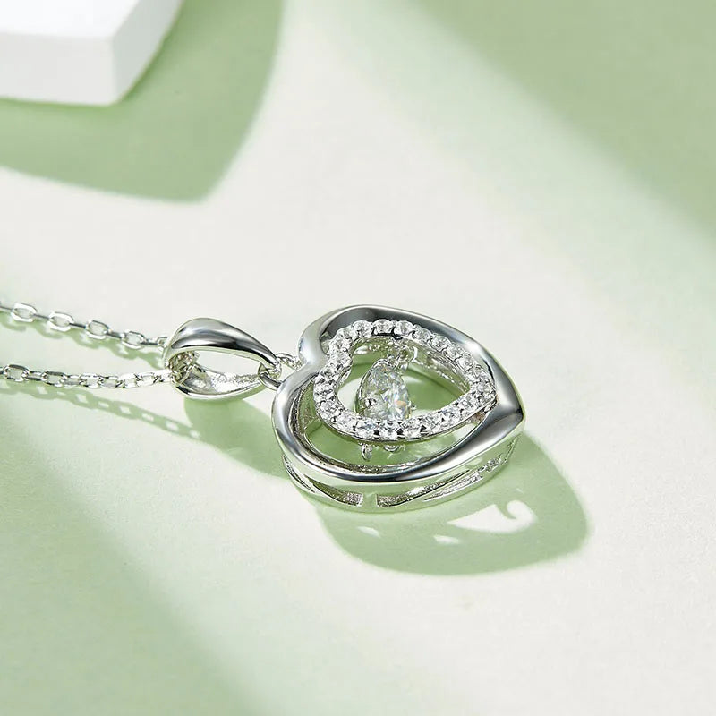 Link Chain Necklace Pendant Round Cut Sterling 925 Silver Moissanite Heart Necklace for Women