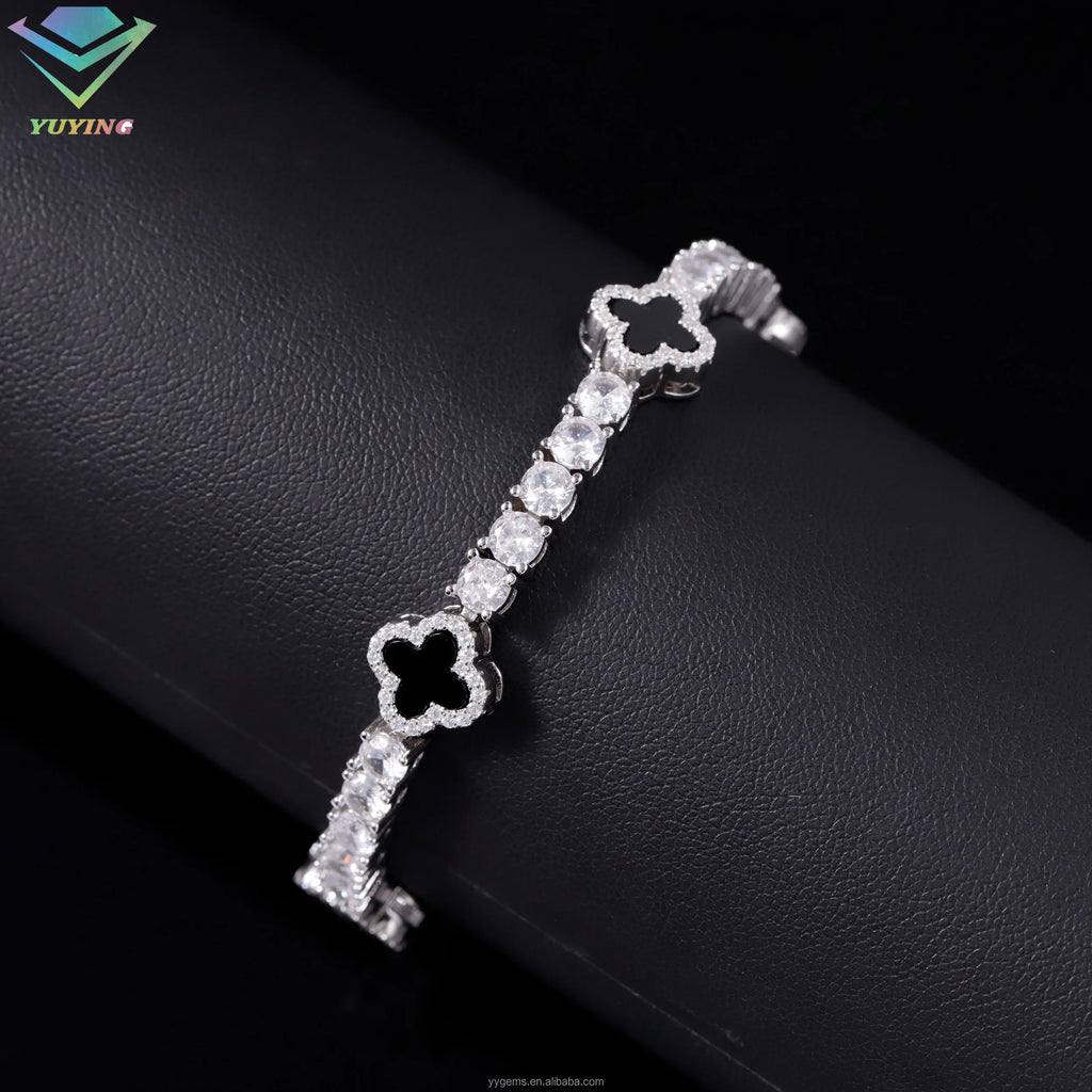 Lucky Four Leaf Clover Tennis Bracelet Hip Hop Jewelry 3mm 4mm 5mm S925 Silver Iced Out Moissanite Clover Tennis Bracelet