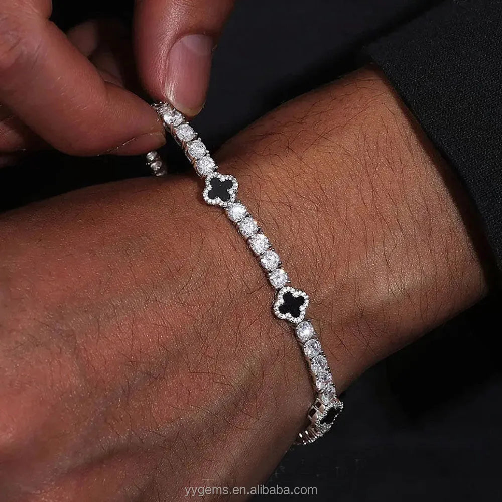 Lucky Four Leaf Clover Tennis Bracelet Hip Hop Jewelry 3mm 4mm 5mm S925 Silver Iced Out Moissanite Clover Tennis Bracelet