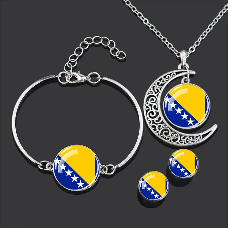 Bracelet Necklace Earrings Jewelry Set Czech Republic Flag Glass Cabochon European Countries Flag Necklace Set for Women Gifts