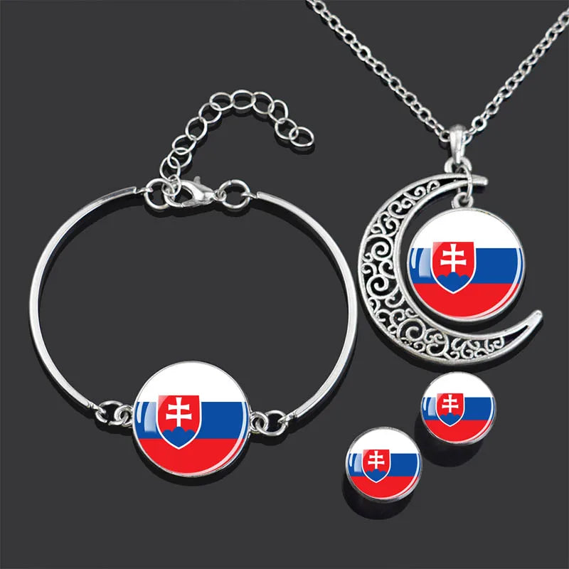 Bracelet Necklace Earrings Jewelry Set Czech Republic Flag Glass Cabochon European Countries Flag Necklace Set for Women Gifts