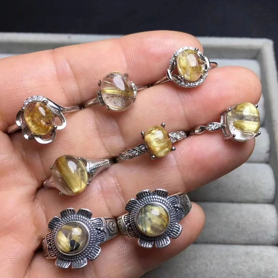 925 Sterling Silver Fashion Healing Crystal Gemstone Jewelry Gold Rutilated Quartz Ring