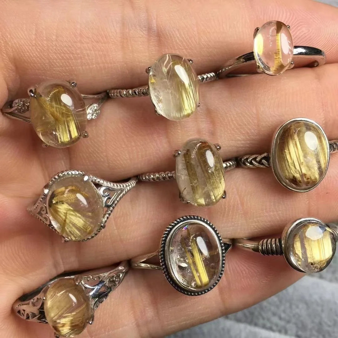925 Sterling Silver Fashion Healing Crystal Gemstone Jewelry Gold Rutilated Quartz Ring