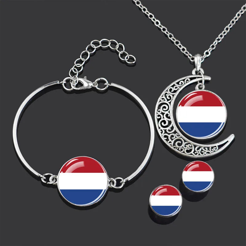 Bracelet Necklace Earrings Jewelry Set Czech Republic Flag Glass Cabochon European Countries Flag Necklace Set for Women Gifts