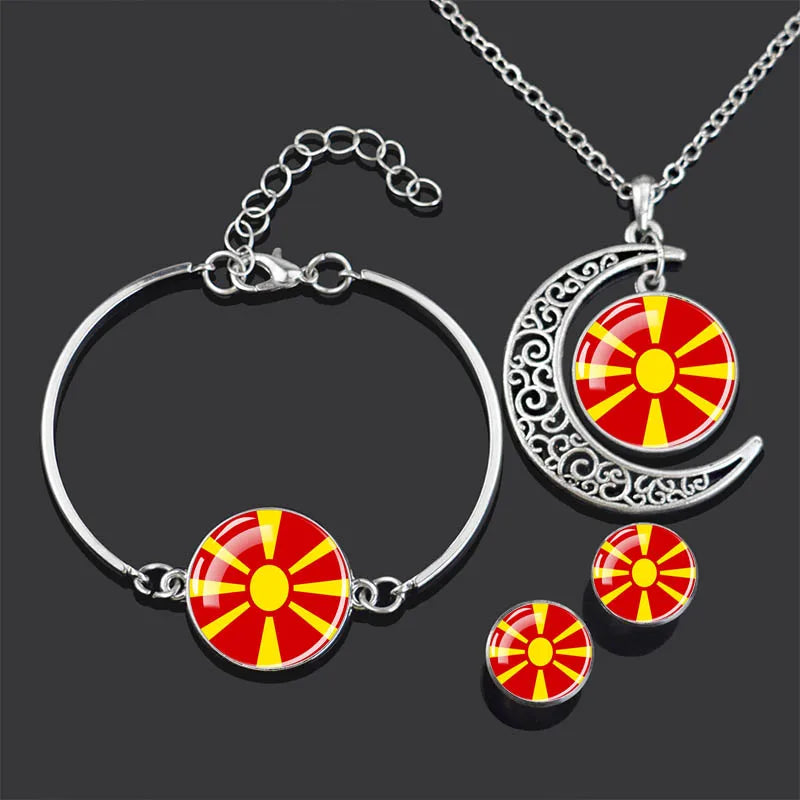 Bracelet Necklace Earrings Jewelry Set Czech Republic Flag Glass Cabochon European Countries Flag Necklace Set for Women Gifts