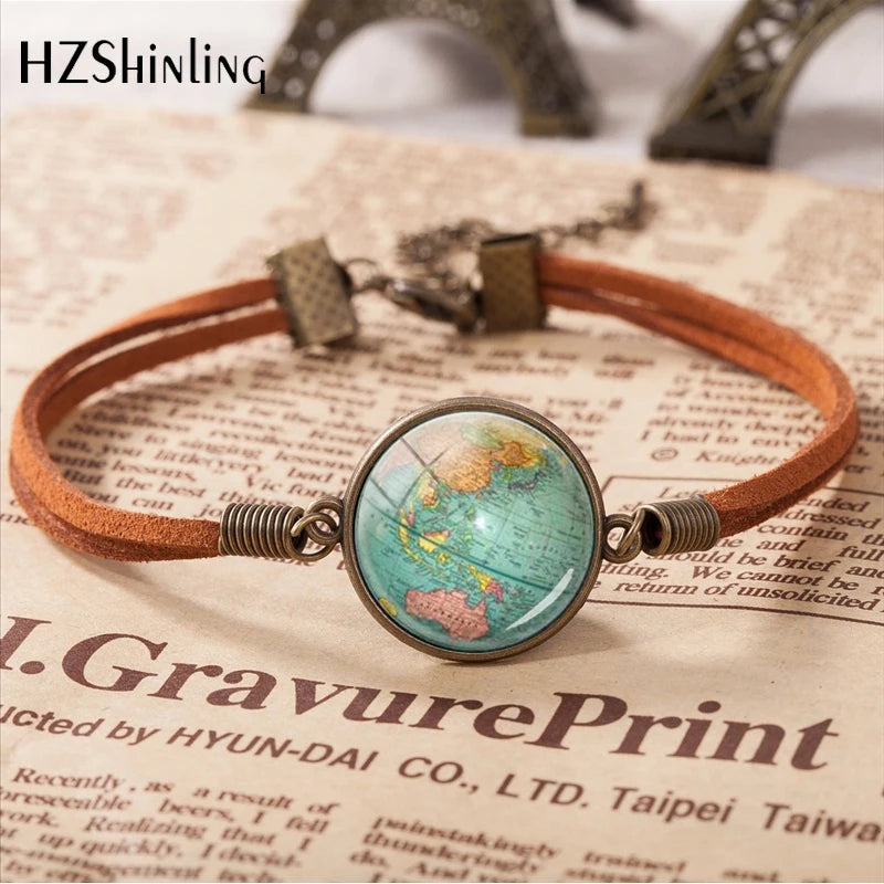 Hot Sale World Mother Vintage Leather Bracelet Planet Earth World Globe Map Bracelets Art Accessories