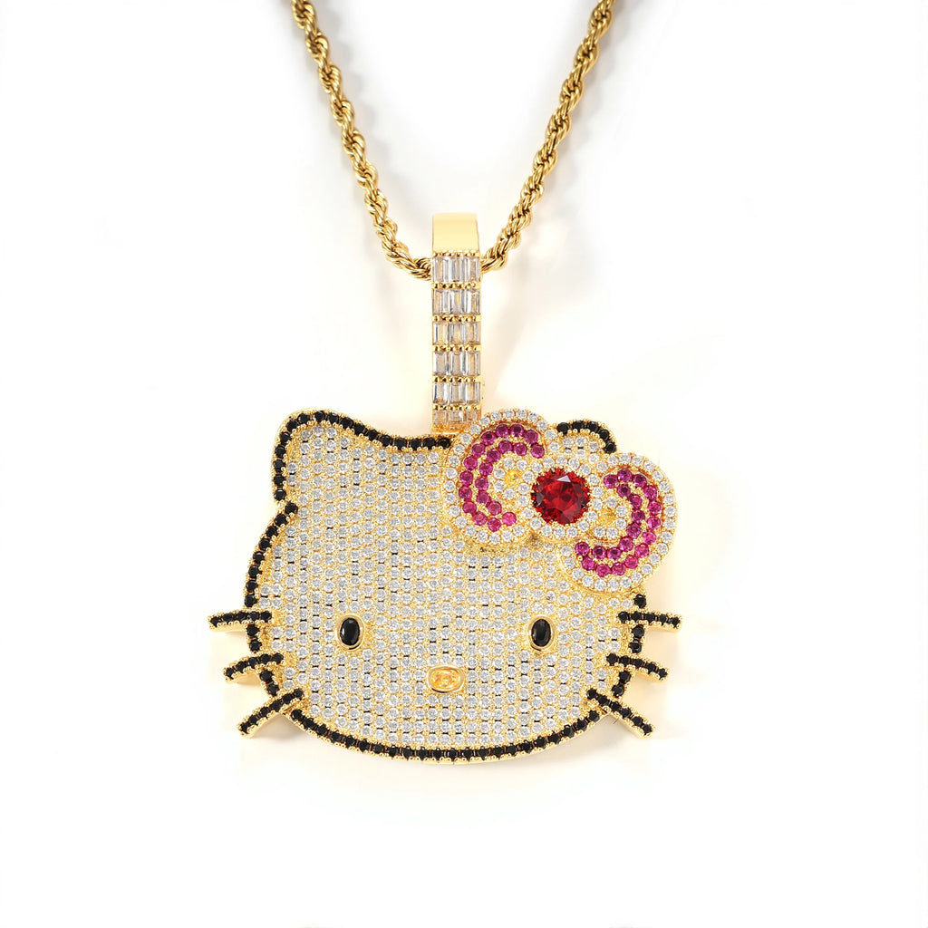 Fashion Women's Cute Hello Kitty Cat Necklace Pendant Iced Out Cartoon Necklaces Gold Plating for Anniversaries