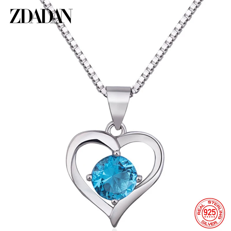ZDADAN 925 Sterling Silver Heart Blue Crystal Necklace For Women Charm Party Jewelry Accessory