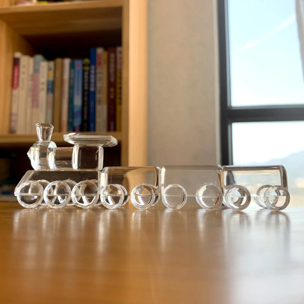 Crystal Train Figurine Glass Locomotive Train Ornament Craft Creative Moving Train Paperweight Home Decor Kids Christmas Gifts