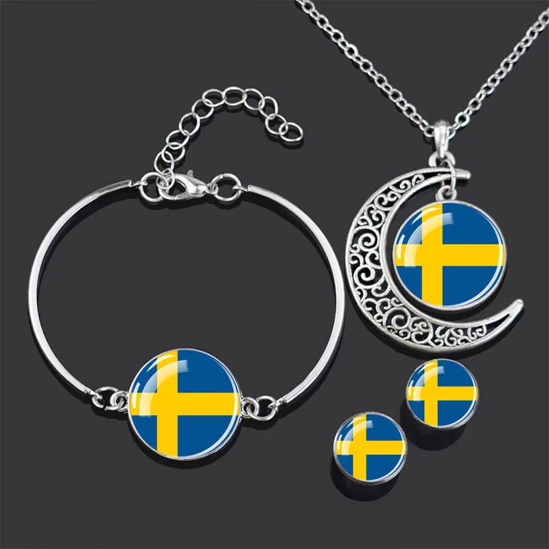 Bracelet Necklace Earrings Jewelry Set Czech Republic Flag Glass Cabochon European Countries Flag Necklace Set for Women Gifts