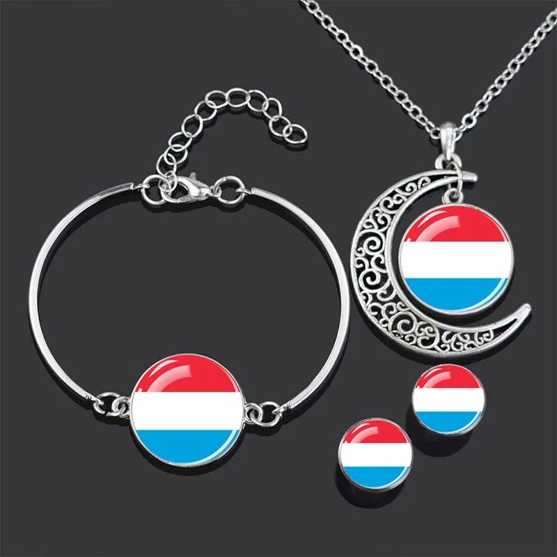 Bracelet Necklace Earrings Jewelry Set Czech Republic Flag Glass Cabochon European Countries Flag Necklace Set for Women Gifts