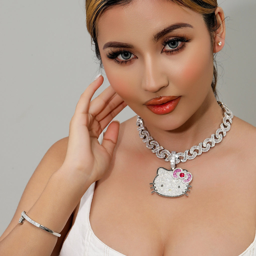 Fashion Women's Cute Hello Kitty Cat Necklace Pendant Iced Out Cartoon Necklaces Gold Plating for Anniversaries