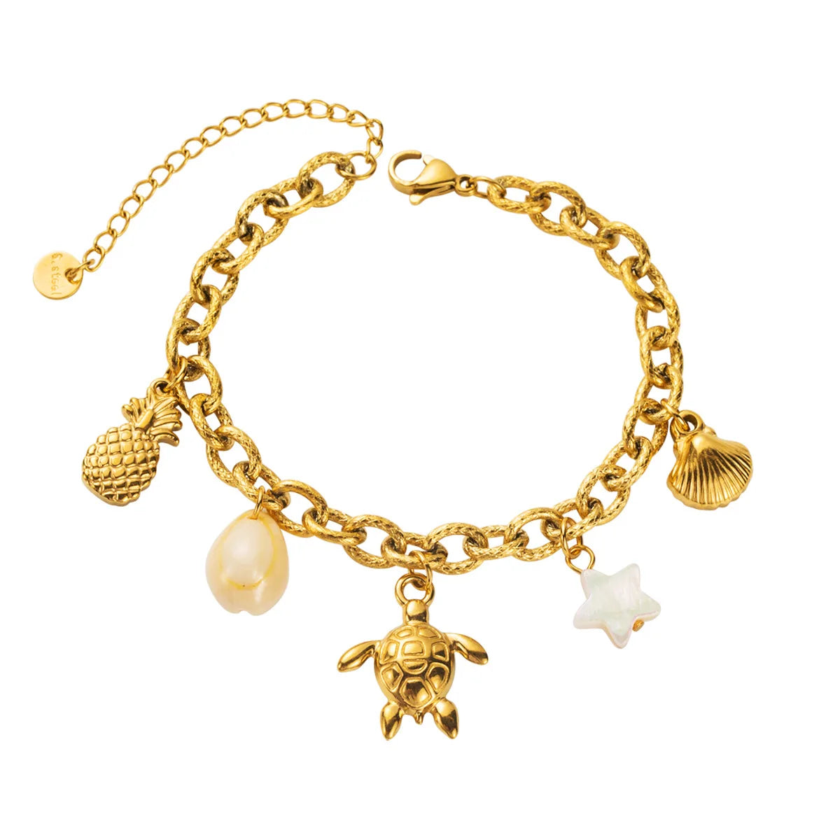 Luxury Summer Theme 18K Plated Stainless Steel Gold Chain Dolphins Turtles Stars Shells Crabs Charm Bracelets Jewelry for Women
