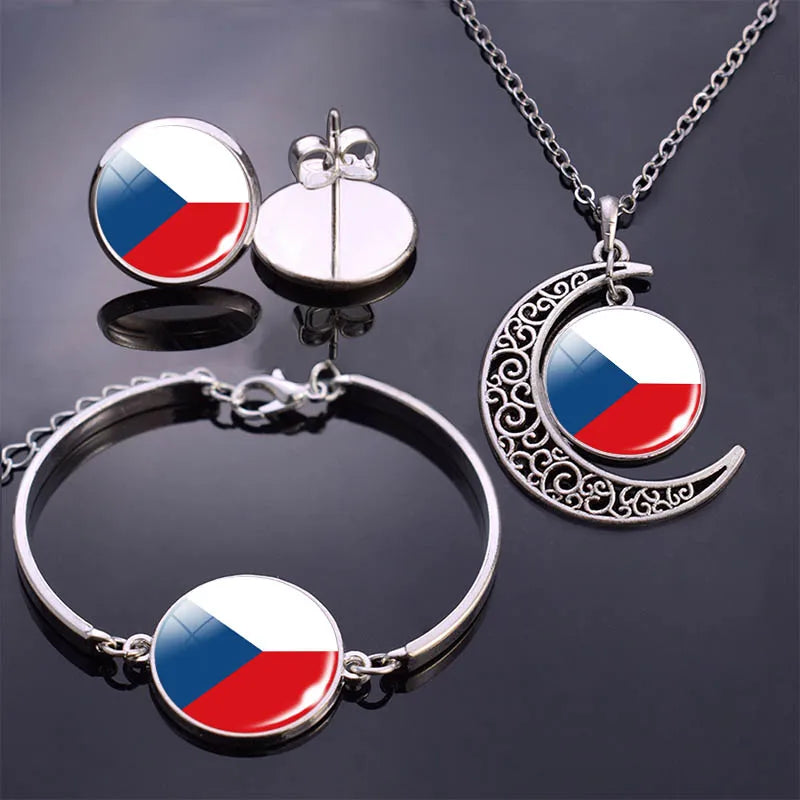 Bracelet Necklace Earrings Jewelry Set Czech Republic Flag Glass Cabochon European Countries Flag Necklace Set for Women Gifts