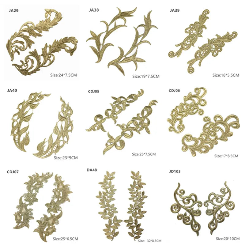 zsbszc Mirror Pair Embroidered patches Golden Guipure Lace Sewing lace for dress Applique DIY Bridal Headdres Lace Collar JA104