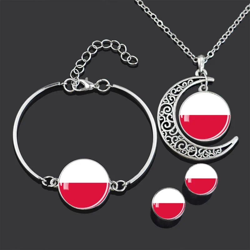 Bracelet Necklace Earrings Jewelry Set Czech Republic Flag Glass Cabochon European Countries Flag Necklace Set for Women Gifts