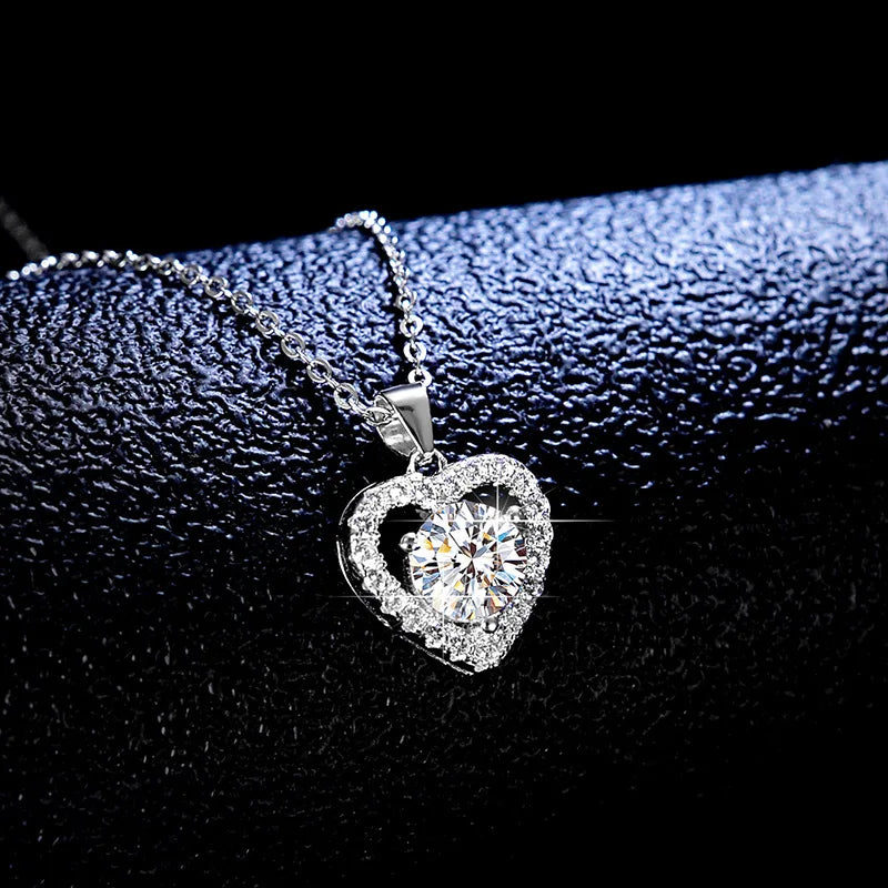 Silver 925 Original Diamond Test Past Brilliant Cut 1 Carat D Color Moissanite Heart Shape Pendant Necklace Gemstone Jewelry
