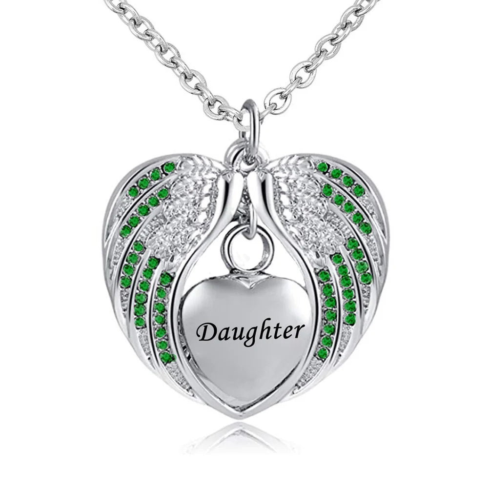 Birthstone Charm Pendant  Memorial Urn Necklace Stainless Steel Waterproof Angel Wing Keepsake Cremation Jewelry for Daughter