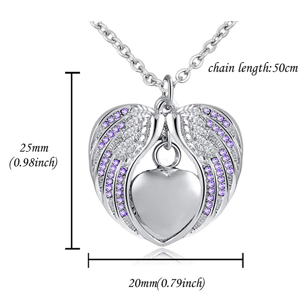 Birthstone Charm Pendant  Memorial Urn Necklace Stainless Steel Waterproof Angel Wing Keepsake Cremation Jewelry for Daughter