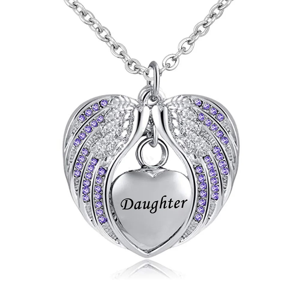 Birthstone Charm Pendant  Memorial Urn Necklace Stainless Steel Waterproof Angel Wing Keepsake Cremation Jewelry for Daughter