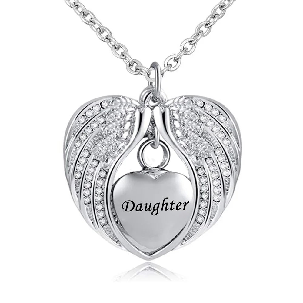 Birthstone Charm Pendant  Memorial Urn Necklace Stainless Steel Waterproof Angel Wing Keepsake Cremation Jewelry for Daughter