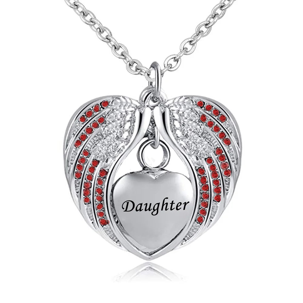 Birthstone Charm Pendant  Memorial Urn Necklace Stainless Steel Waterproof Angel Wing Keepsake Cremation Jewelry for Daughter