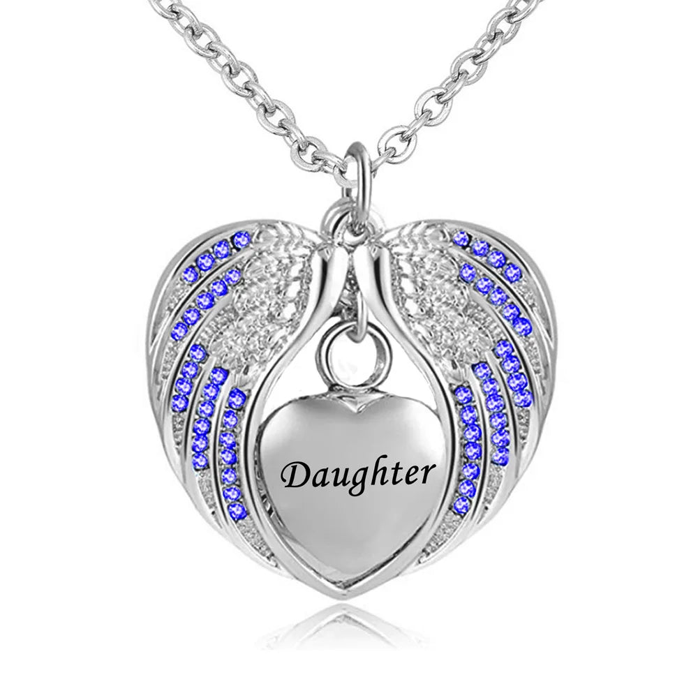 Birthstone Charm Pendant  Memorial Urn Necklace Stainless Steel Waterproof Angel Wing Keepsake Cremation Jewelry for Daughter