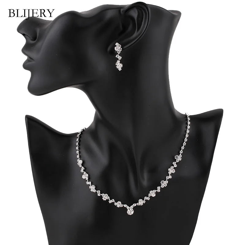 BLIJERY Silver Color Bridesmaid Bridal Jewelry Sets Crystal Choker Necklace Earrings Bracelet Set for Women Wedding Jewelry Set