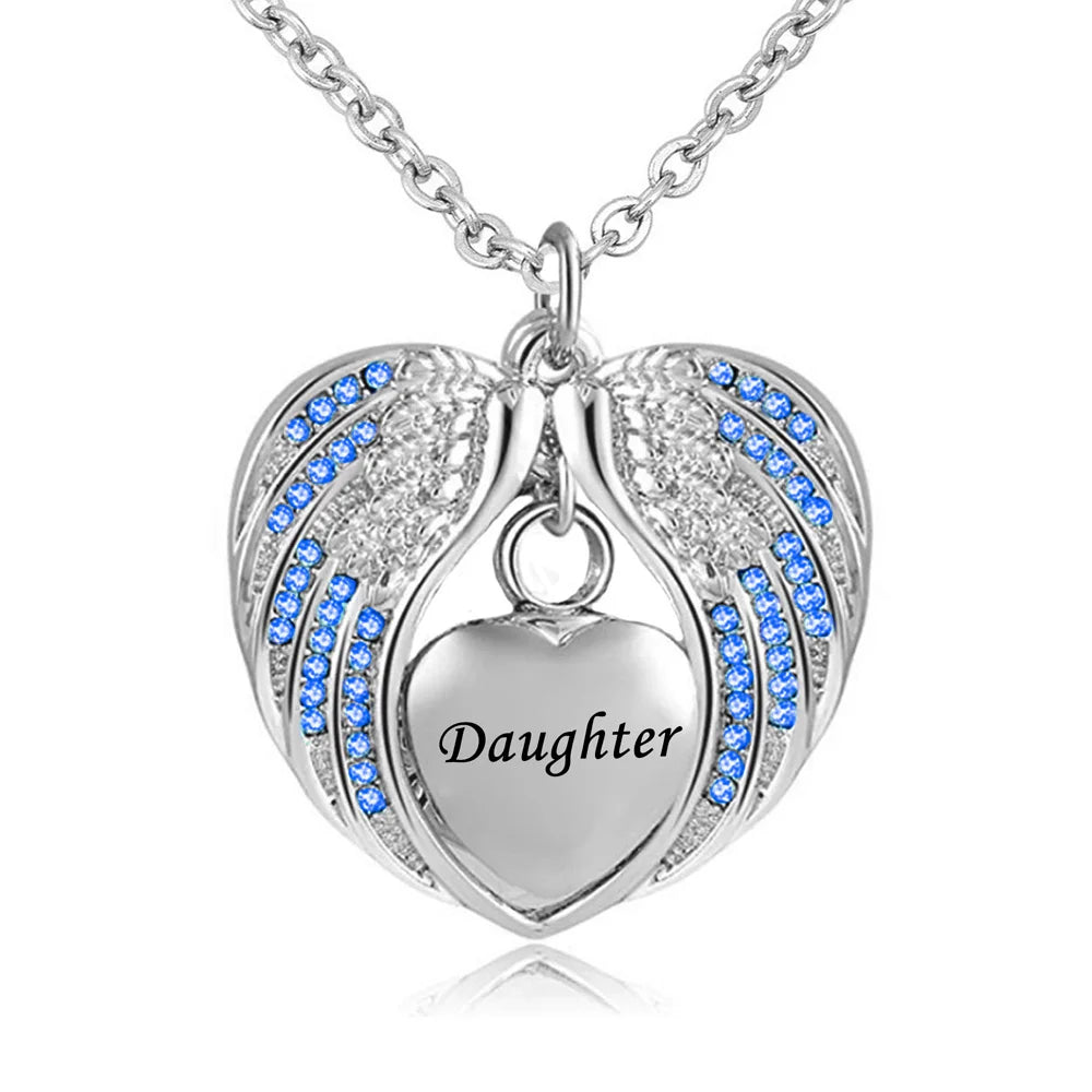 Birthstone Charm Pendant  Memorial Urn Necklace Stainless Steel Waterproof Angel Wing Keepsake Cremation Jewelry for Daughter