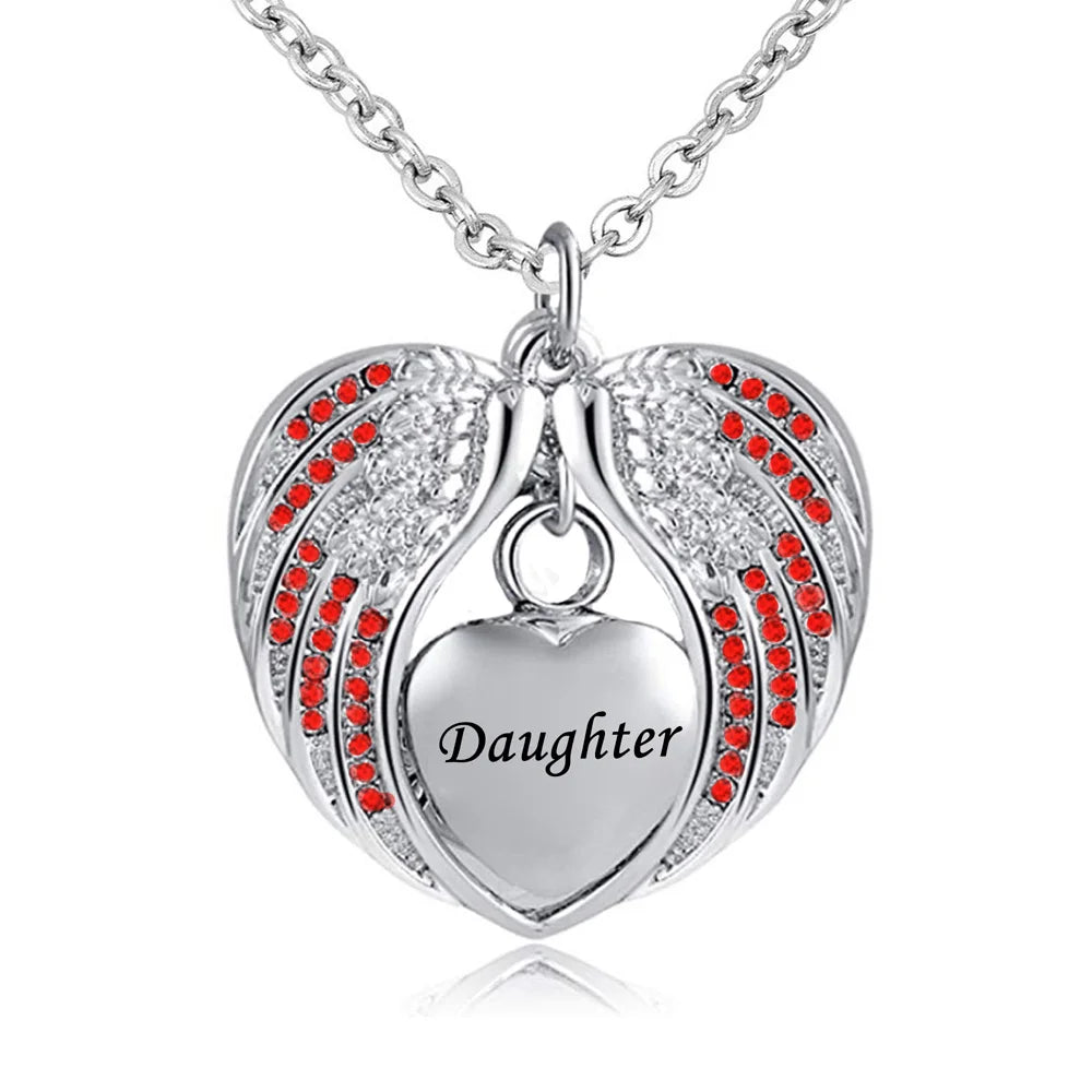 Birthstone Charm Pendant  Memorial Urn Necklace Stainless Steel Waterproof Angel Wing Keepsake Cremation Jewelry for Daughter