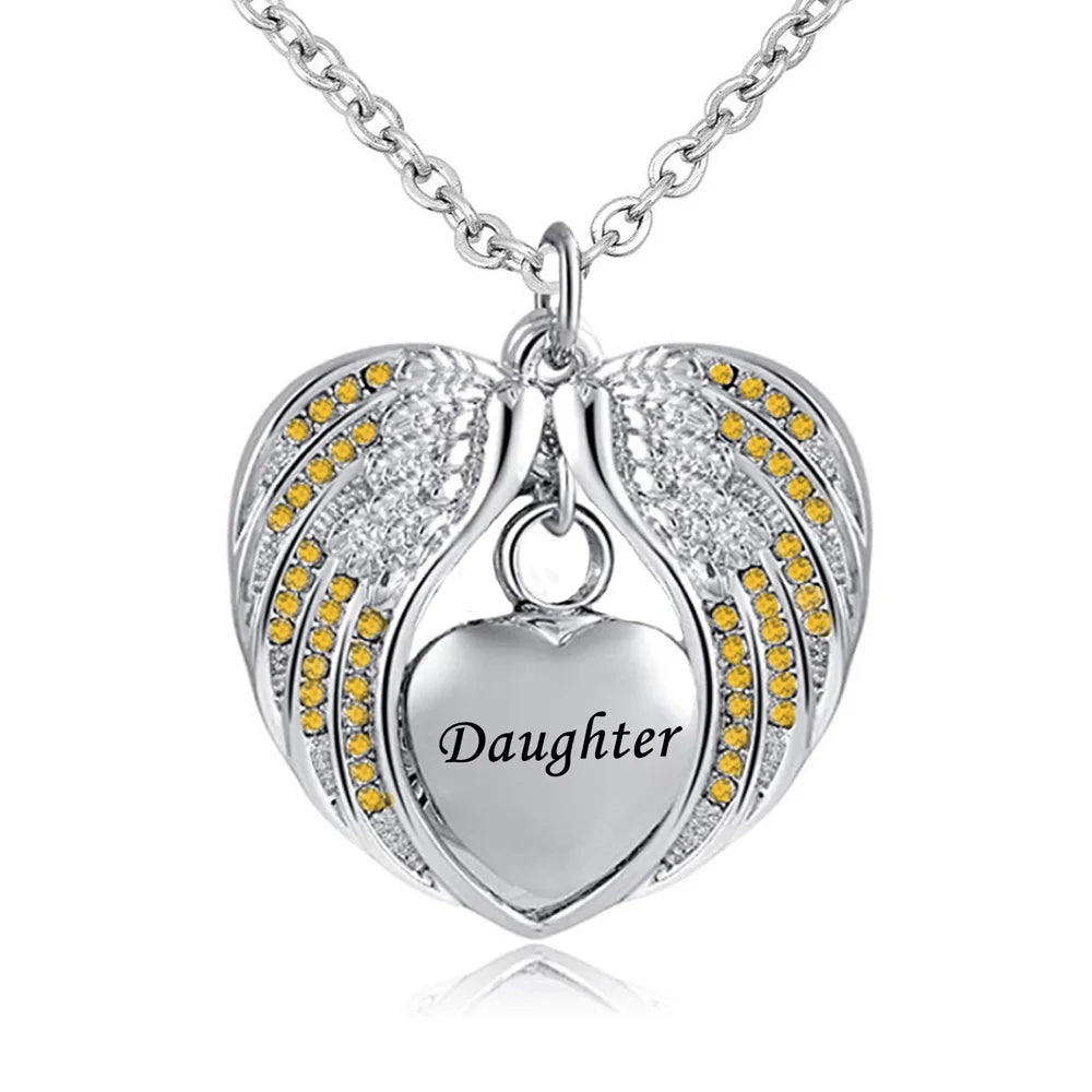 Birthstone Charm Pendant  Memorial Urn Necklace Stainless Steel Waterproof Angel Wing Keepsake Cremation Jewelry for Daughter