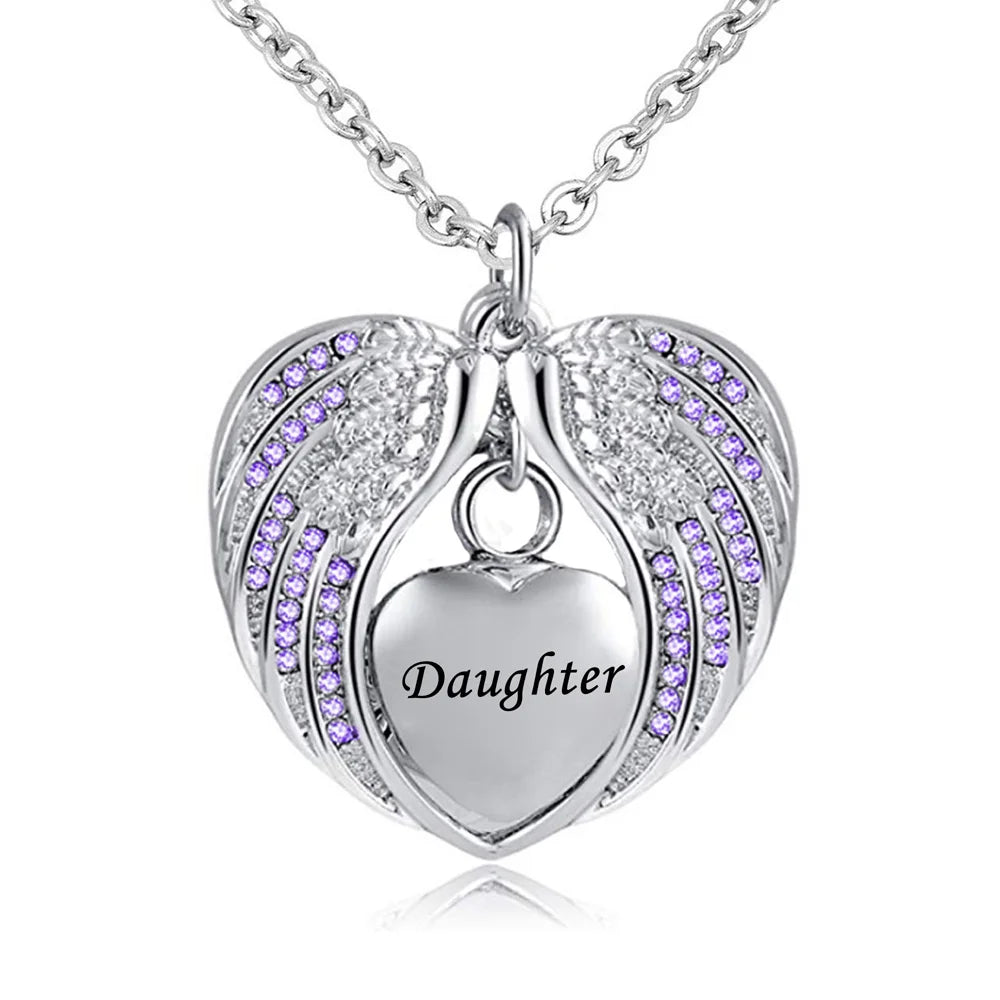 Birthstone Charm Pendant  Memorial Urn Necklace Stainless Steel Waterproof Angel Wing Keepsake Cremation Jewelry for Daughter