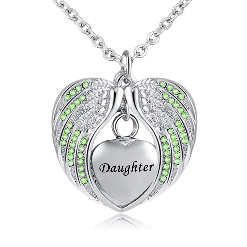 Birthstone Charm Pendant  Memorial Urn Necklace Stainless Steel Waterproof Angel Wing Keepsake Cremation Jewelry for Daughter
