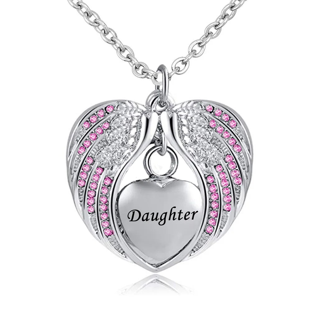 Birthstone Charm Pendant  Memorial Urn Necklace Stainless Steel Waterproof Angel Wing Keepsake Cremation Jewelry for Daughter