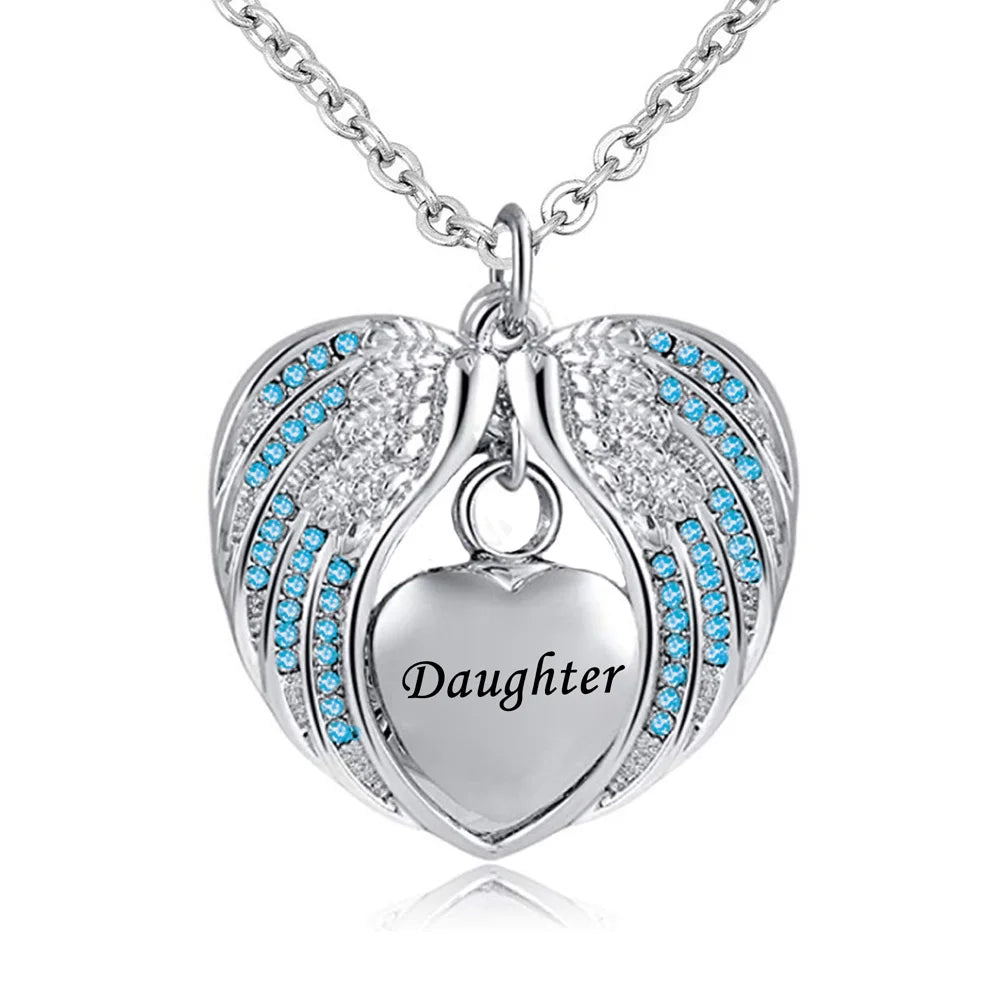 Birthstone Charm Pendant  Memorial Urn Necklace Stainless Steel Waterproof Angel Wing Keepsake Cremation Jewelry for Daughter
