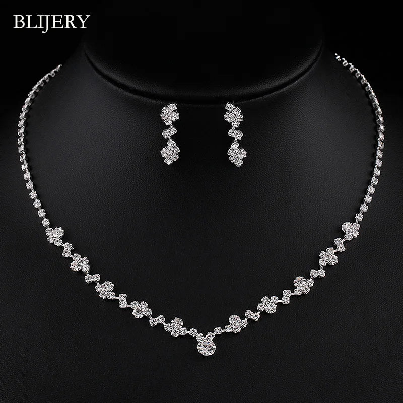 BLIJERY Silver Color Bridesmaid Bridal Jewelry Sets Crystal Choker Necklace Earrings Bracelet Set for Women Wedding Jewelry Set