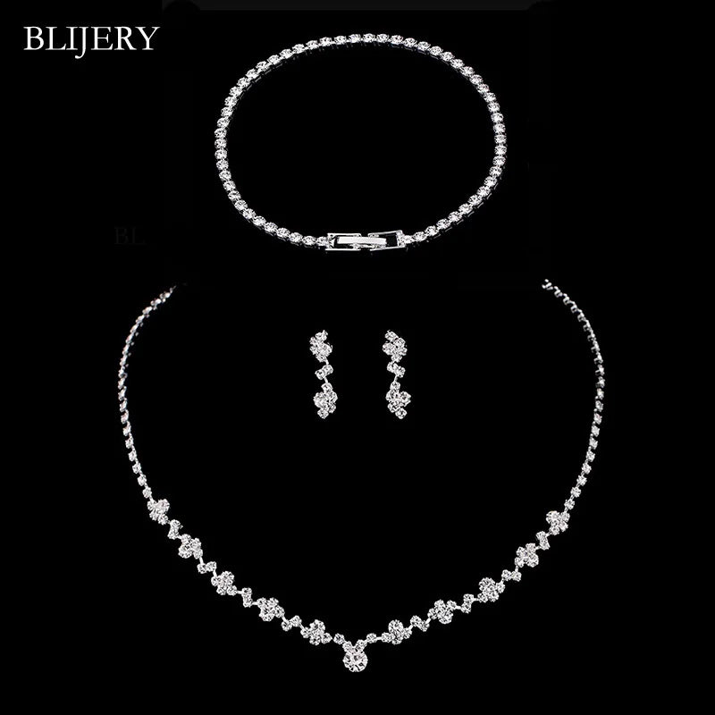 BLIJERY Silver Color Bridesmaid Bridal Jewelry Sets Crystal Choker Necklace Earrings Bracelet Set for Women Wedding Jewelry Set