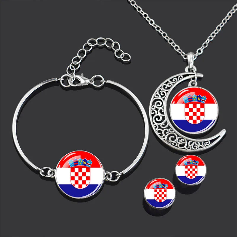 Bracelet Necklace Earrings Jewelry Set Czech Republic Flag Glass Cabochon European Countries Flag Necklace Set for Women Gifts