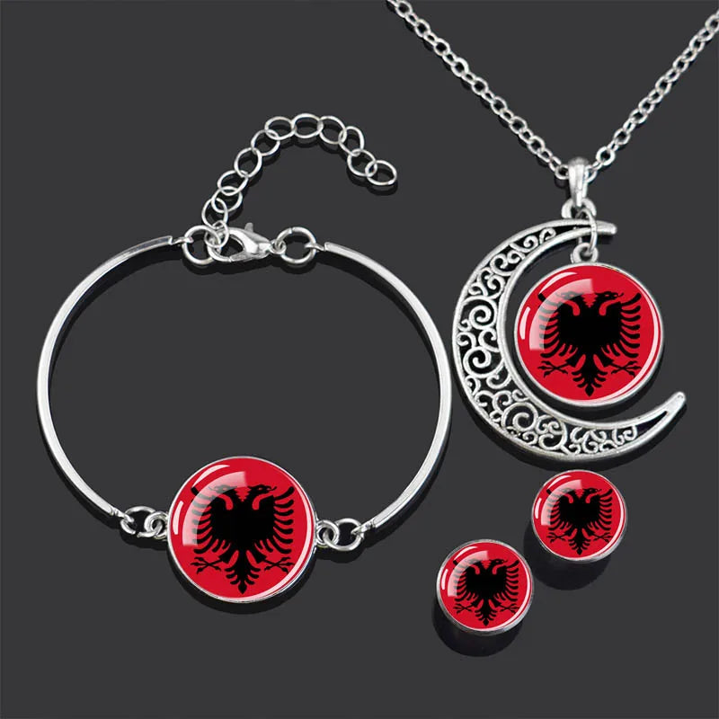 Bracelet Necklace Earrings Jewelry Set Czech Republic Flag Glass Cabochon European Countries Flag Necklace Set for Women Gifts