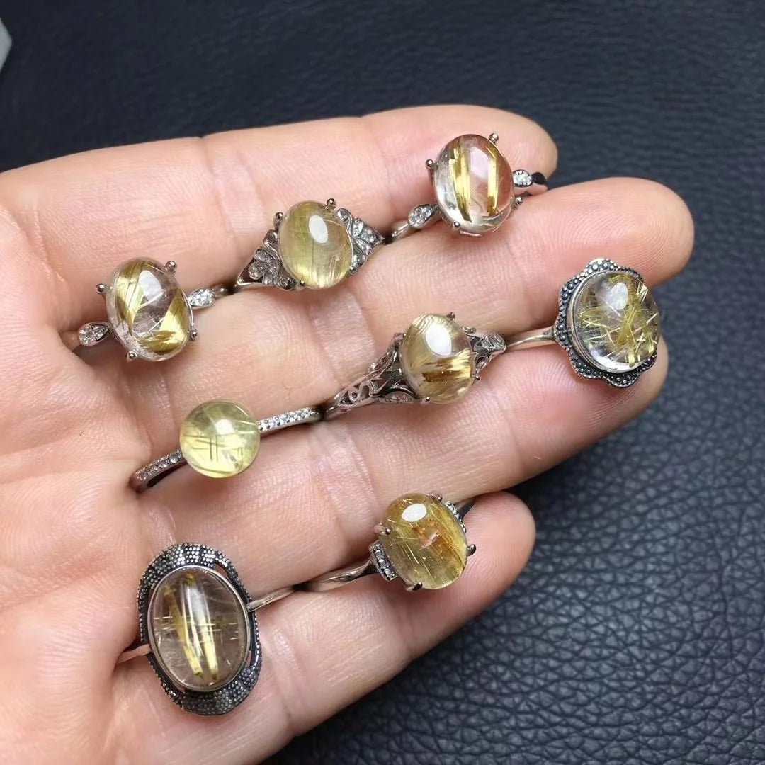 925 Sterling Silver Fashion Healing Crystal Gemstone Jewelry Gold Rutilated Quartz Ring